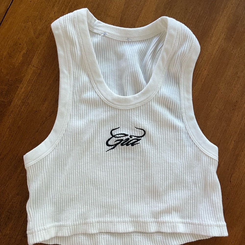 I.AM.GIA White Ribbed Tank Top with Black Logo